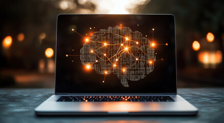 A laptop displays intricate AI code forming a digital brain, capturing the essence of technology and innovation during a serene sunset in an outdoor setting.
