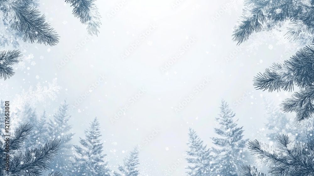 Poster aerial view of snow-covered pine coniferous forest with empty space for holiday greetings in tranqui