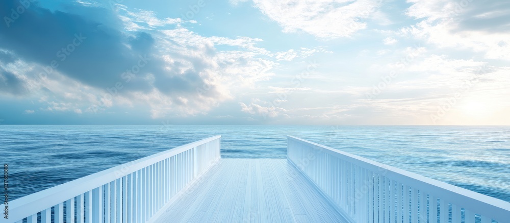 Aufkleber Serene Bridge Extending Over Calm Blue Sea Under Bright Sky with Open Space for Text or Design Elements