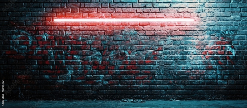 Aufkleber Neon graffiti brick wall background with illuminated strip and ample empty space for creative text or design elements