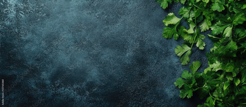 Poster cilantro leaves on dark background for cooking inspiration with space for text overlay and creative 