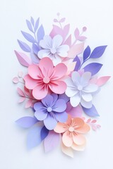 Fototapeta premium Pastel paper flowers bouquet, craft, white background, spring