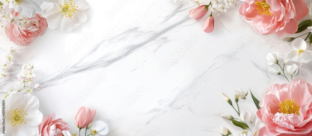 Poster Elegant business card mockup featuring spring flowers with ample space for personalized text and branding options on a marble background