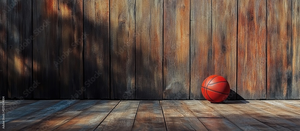 Poster basketball resting on wooden floor with shadows creating an inviting atmosphere and ample copyspace 