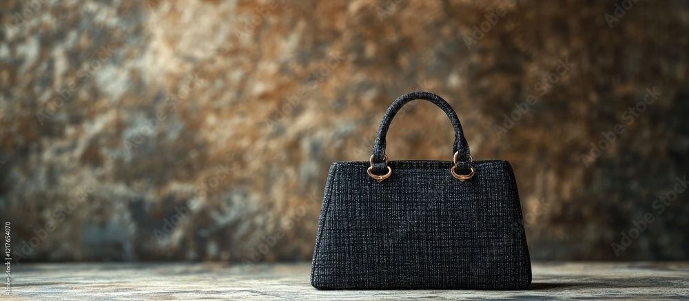 Poster Elegant Black Tweed Handbag on Textured Background with Ample Copyspace for Custom Text or Promotions in Stylish Room Setting