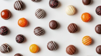 Colorful assortment of chocolate and candy varieties arranged on a bright white background for enticing food and dessert visuals