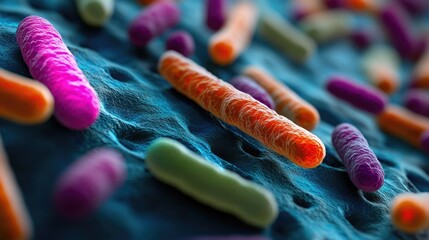 Microscopic View of Colorful Bacteria and Viruses on Surface for Medical Research and Health Education