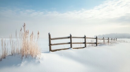 Winter landscape featuring a wooden fence in a snowy field with tall grass and a clear sky Copy Space
