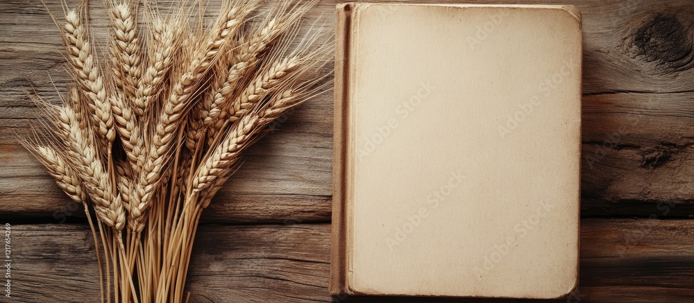 Poster Blank Book Surrounded by Wheat Ears on Rustic Wooden Table Ideal for Text Insertion and Creative Design Projects