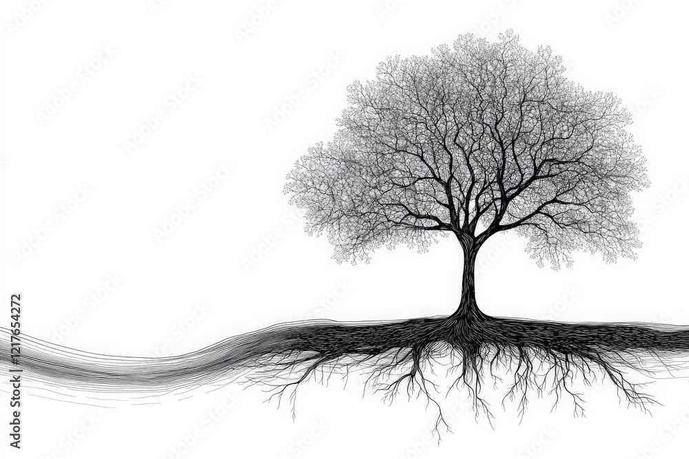 Poster unique artistic representation of a tree with intricate roots and branches in a minimalist style