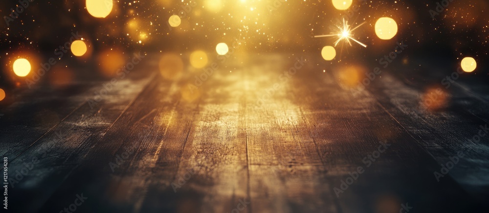Poster golden bokeh lights on a dark wooden surface with copy space for text or graphics
