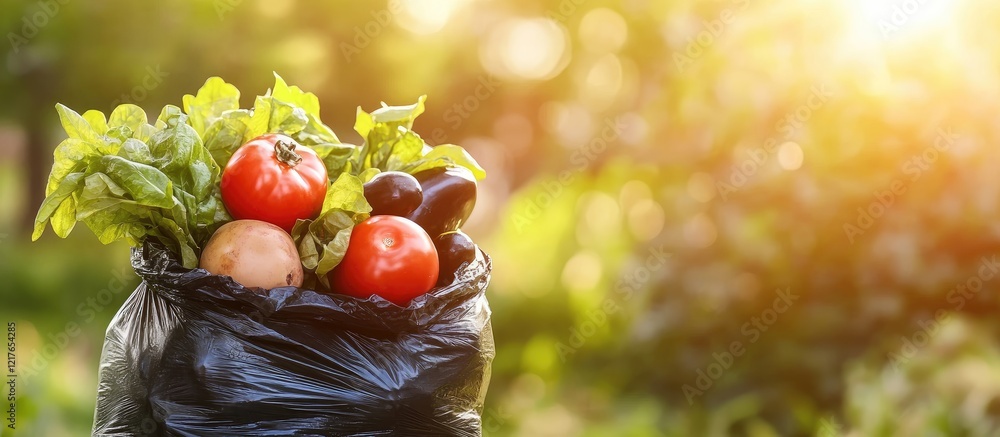 Poster black wrinkled plastic bag filled with fresh vegetables in sunlit garden with empty copyspace for te
