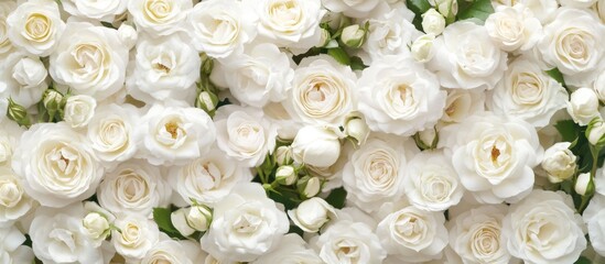 Obraz premium Elegant White Roses Flat Lay Design with Ample Space for Text and Copyspace Ideal for Invitations and Decorative Projects