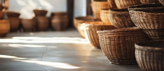 Fototapeta premium Baskets neatly arranged on winery floor creating an inviting atmosphere with empty space for additional text or branding elements