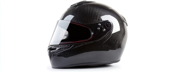 Fototapeta premium Black racing helmet on a white background featuring empty copyspace for customizable text and highlighting sleek design and safety features
