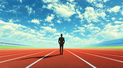 Athlete contemplating success on a vibrant stadium track with an expansive sky inspiring motivation and determination to achieve goals
