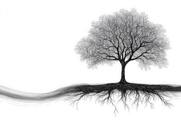 Unique artistic representation of a tree with intricate roots and branches in a minimalist style
