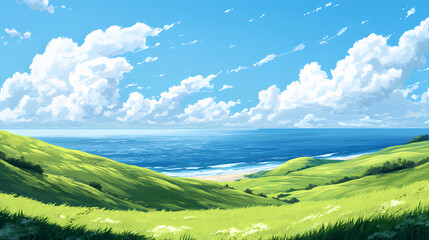 Obraz premium Beautiful panoramic view of lush green hills leading to a serene ocean under a clear blue sky with scattered clouds. Ocean Grove. Illustration