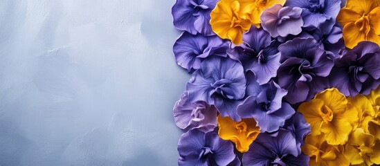Vibrant purple and yellow flower background with soft blue texture and ample space for text or graphic overlays