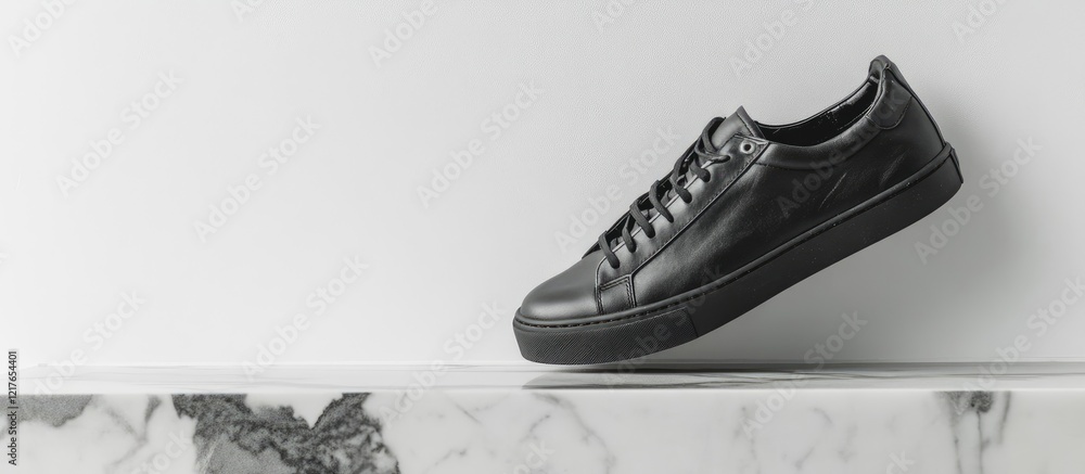 Poster black sneakers displayed on a marble counter in a contemporary art gallery with ample space for text