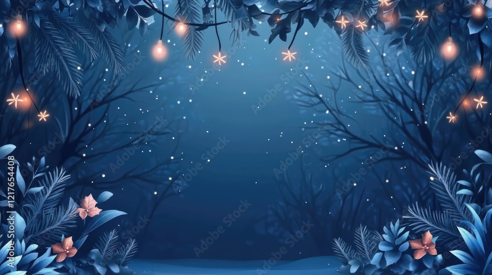 Poster blue winter forest background with illuminated strings of lights and decorative plants with copy spa