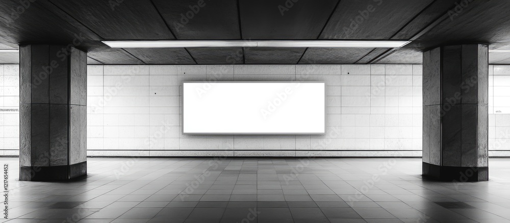 Poster blank banner mockup in modern subway station with wall space for custom text and advertising opportu