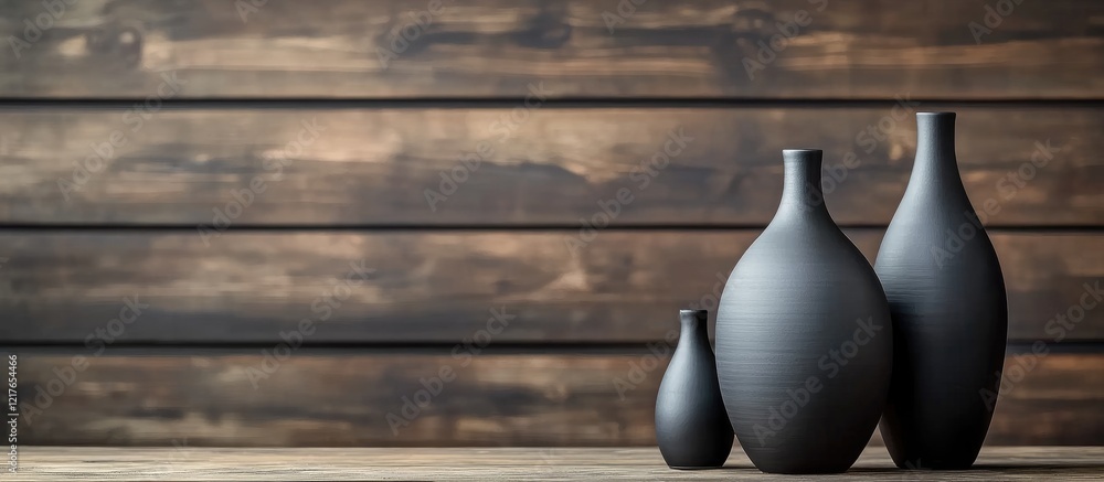 Poster Elegant Black Vases Displayed on Rustic Wooden Surface with Warm Lighting and Ample Copyspace for Creative Text and Designs
