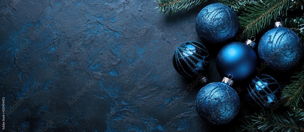 Poster blue and black christmas ornaments on dark background with pine branches and empty space for festive