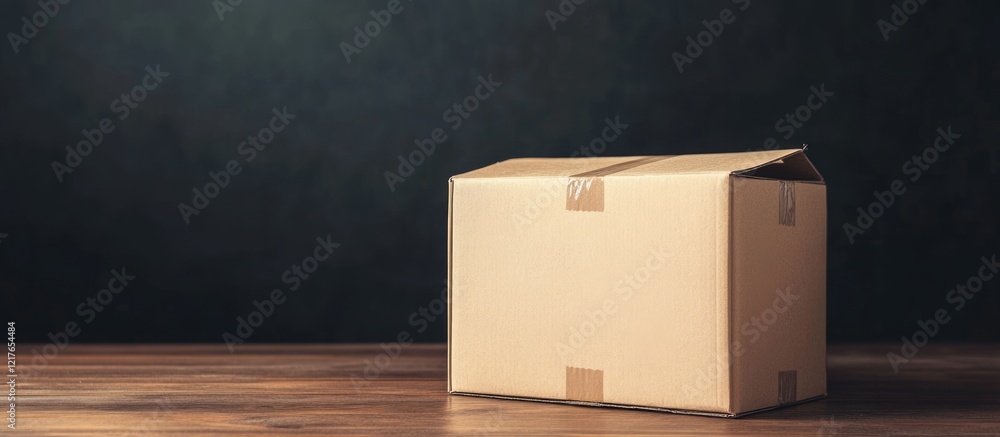 Poster blank cardboard box on wooden office table with dark background and ample copyspace for text or bran
