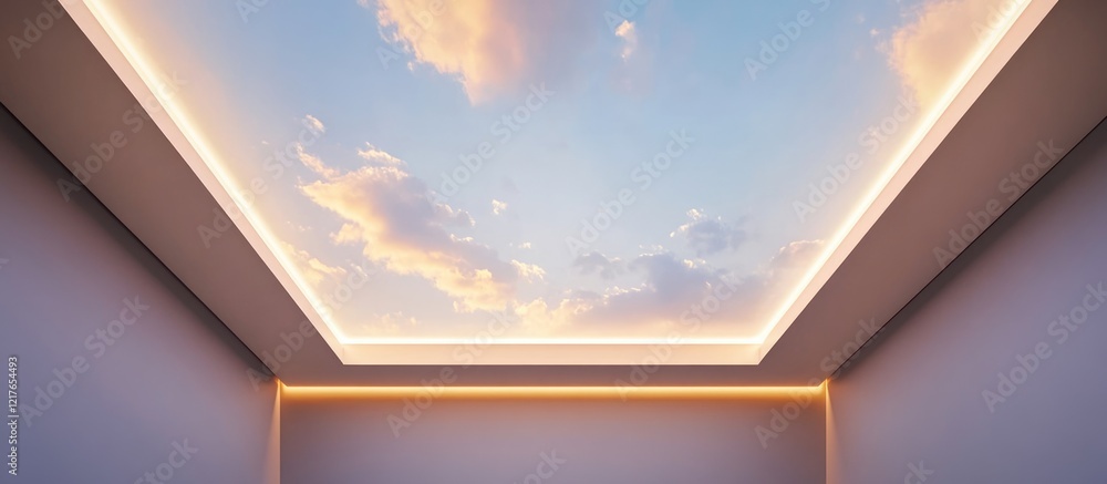 Poster modern architectural interior with illuminated ceiling design and view of sky and clouds, featuring 