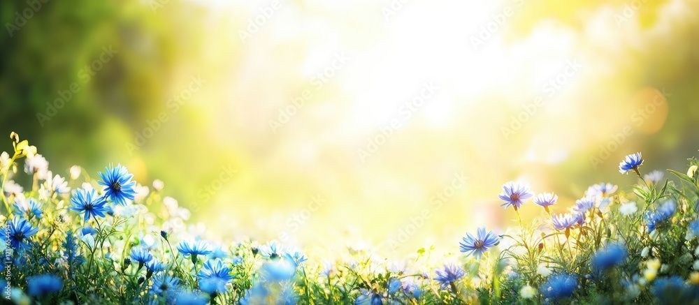 Poster Vibrant blue cornflowers in wildflower field under soft sunlight with blurred background and empty space for text or graphics.