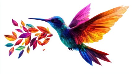 A vibrant, colorful hummingbird is depicted in flight, surrounded by bright, leaf-like shapes, symbolizing nature's beauty and energy.
