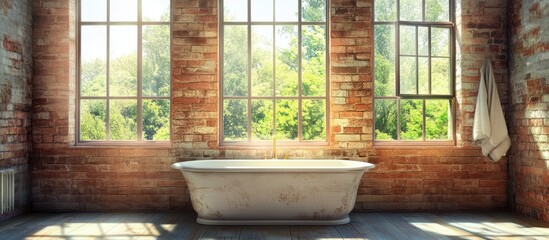 Bright bathroom interior featuring large windows, a freestanding tub, and ample copy space for text or branding opportunities.