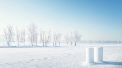Winter landscape with snow-covered ground, bare trees in the distance, and two white cylindrical objects against a clear blue sky, Copy Space