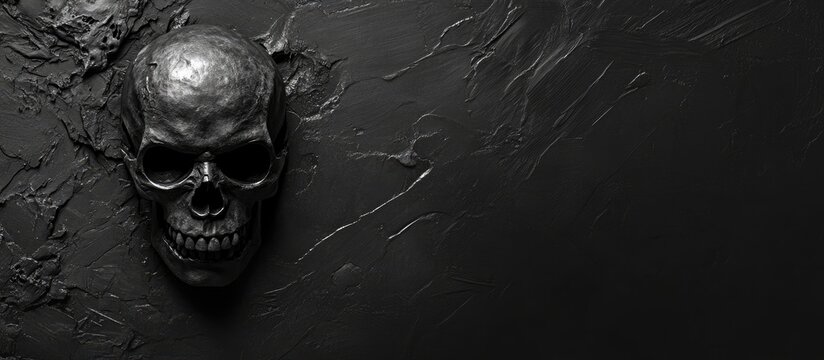 Black skull design on textured dark background with ample copyspace for personalized text or branding opportunities. - Powered by Adobe