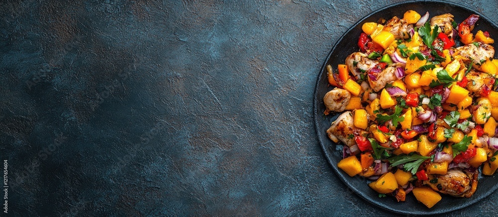 Poster bbq chicken with fresh mango salsa on a dark stone background with blank space for culinary text or 