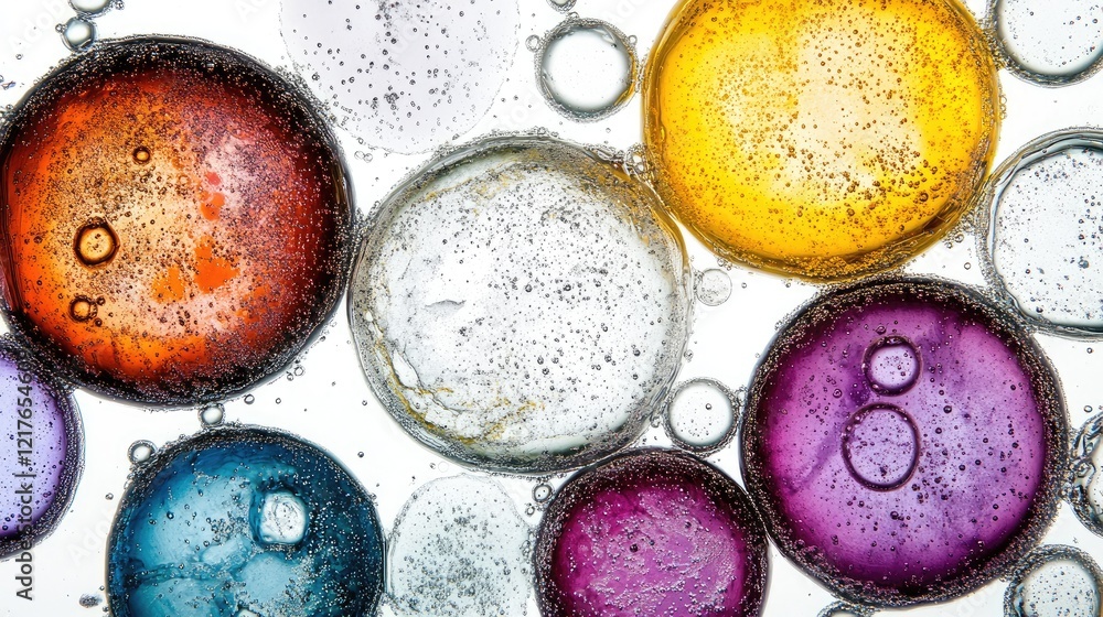 Poster colorful bubbles in various sizes and shapes floating on a white background creating a vibrant and d