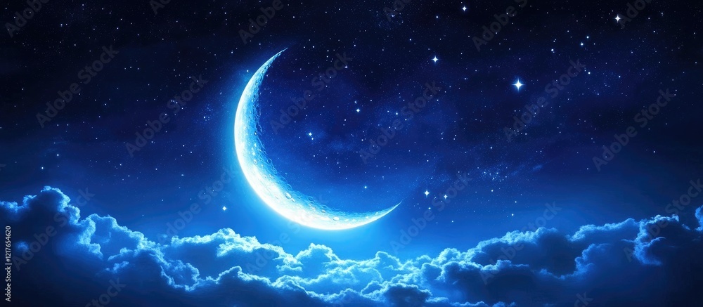 Poster bright crescent moon illuminates a clear night sky filled with stars offering ample space for text o
