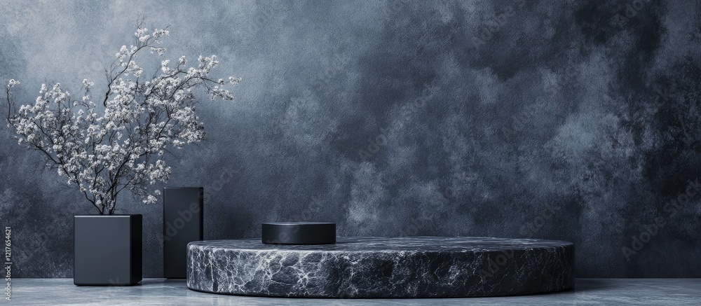Poster elegant black stone podium for product display with decorative elements and ample copyspace for text