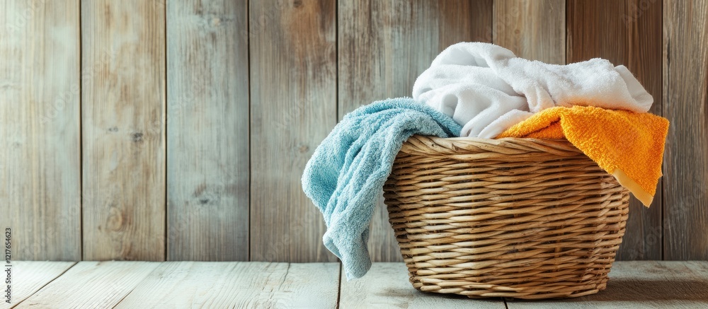 Poster woven laundry basket filled with colorful towels resting on wooden surface with empty space for text