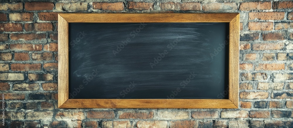 Poster Blank Blackboard on a Brick Wall Background for Text Copyspace with Rustic Frame and Textural Contrast