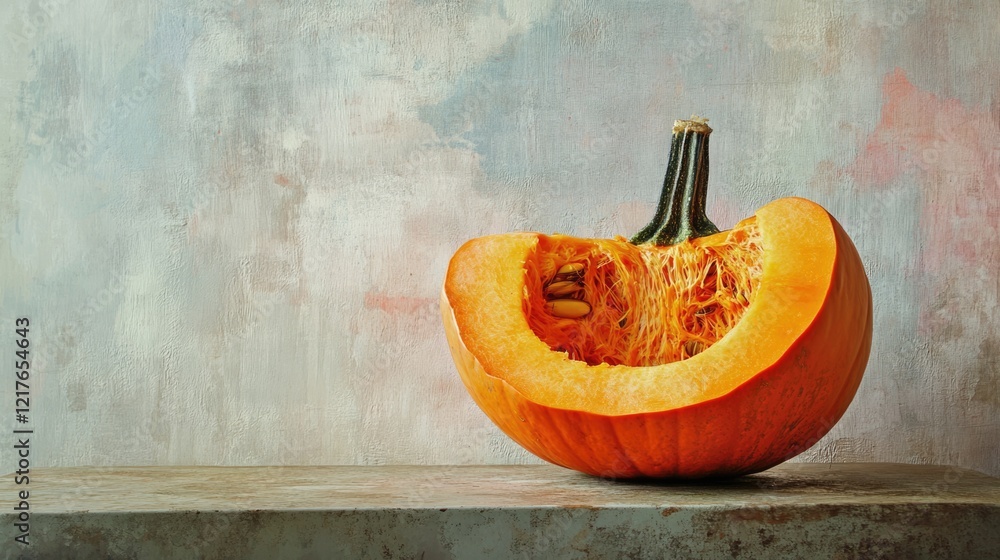 Poster ripe cut pumpkin on rustic wooden table with textured background and ample copy space for text place