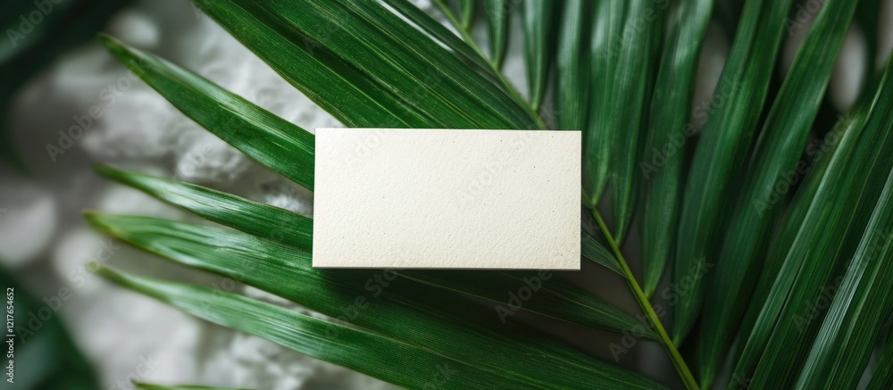 Aufkleber Blank Business Card Mockup on Isolated Green Palm Leaf with Space for Custom Text and Design Elements for Branding Opportunities