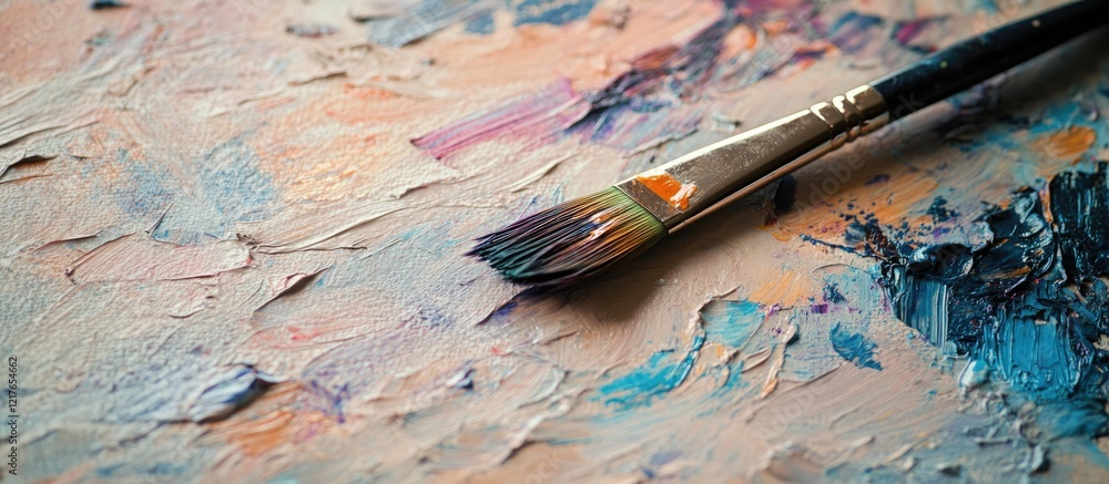 Aufkleber Artistic Workspace with Paintbrush on Palette for Creative Inspiration and Empty Copyspace for Personalized Text or Messages