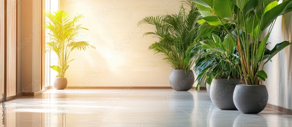 Poster Bright corridor with potted plants creating a serene atmosphere and ample empty space for text or advertisement placement
