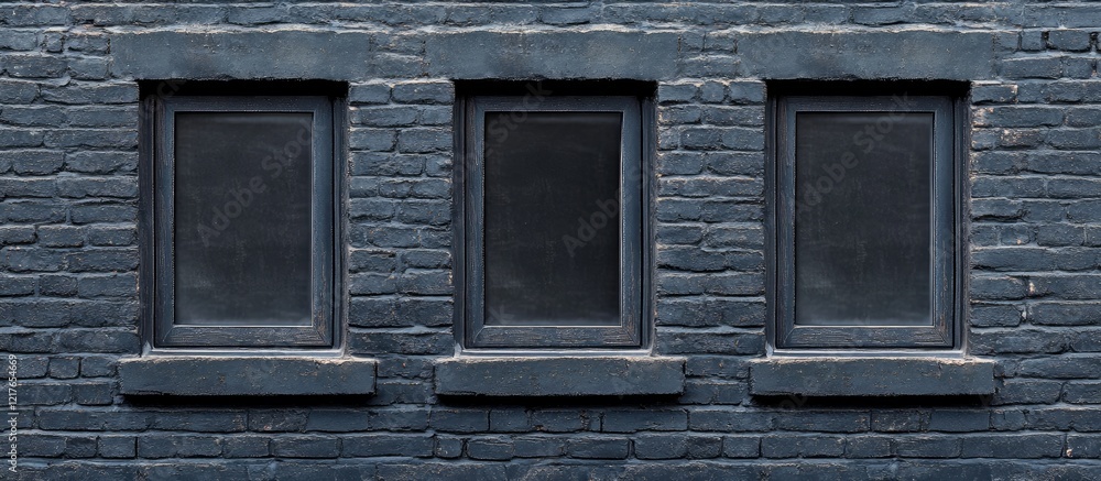 Aufkleber Black Windows on Dark Brick Wall Offering Empty Copyspace for Text and Visual Contrast in Urban Architecture Context