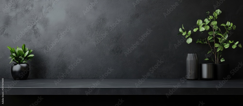 Poster Stylish black table with minimalist decor and ample copyspace for artwork or text placement in a contemporary setting