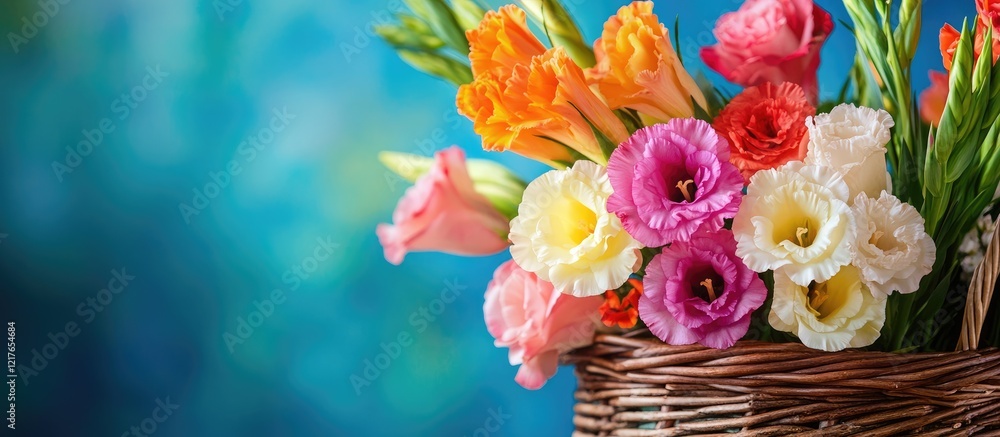 Poster vibrant arrangement of gladioli gerbera and rose flowers in a basket with colorful background and em