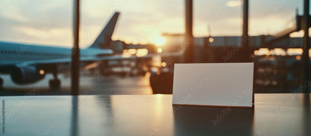 Poster blank cardstock paper on airport desk at sunset with empty copyspace for text and airline background