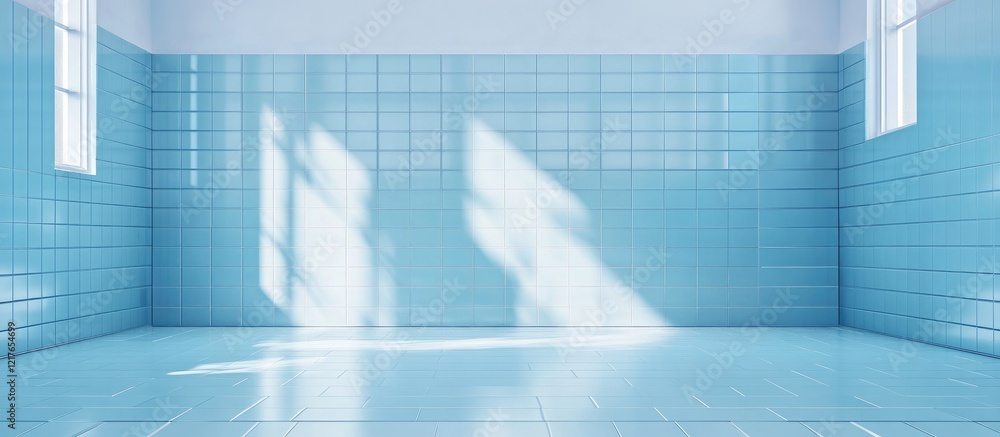 Poster Spacious light blue bathroom with vertical tiles and natural light creating a serene atmosphere ideal for text placement and design projects
